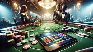 Layar permainan Casino Hold'em di aplikasi amarta99 menunjukkan kartu pemain, kartu komunitas, dan opsi taruhan